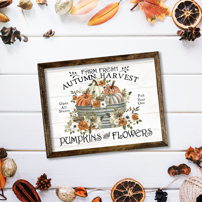 TIMBERLAND FRAME AUTUMN HARVEST PUMPKINS AND FLOWERS