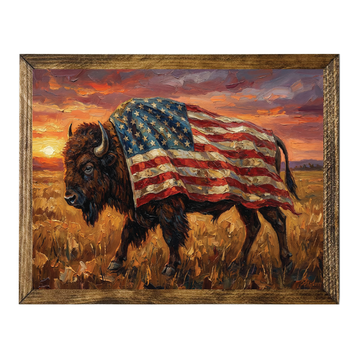 TIMBERLAND FRAME BUFFALO FLAG SUNSET PAINTING
