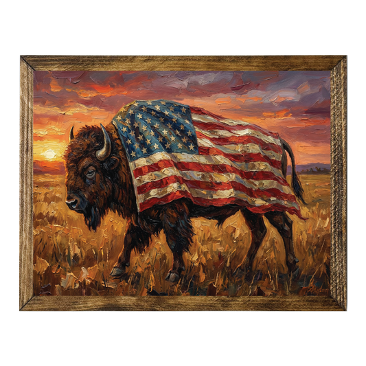 TIMBERLAND FRAME BUFFALO FLAG SUNSET PAINTING