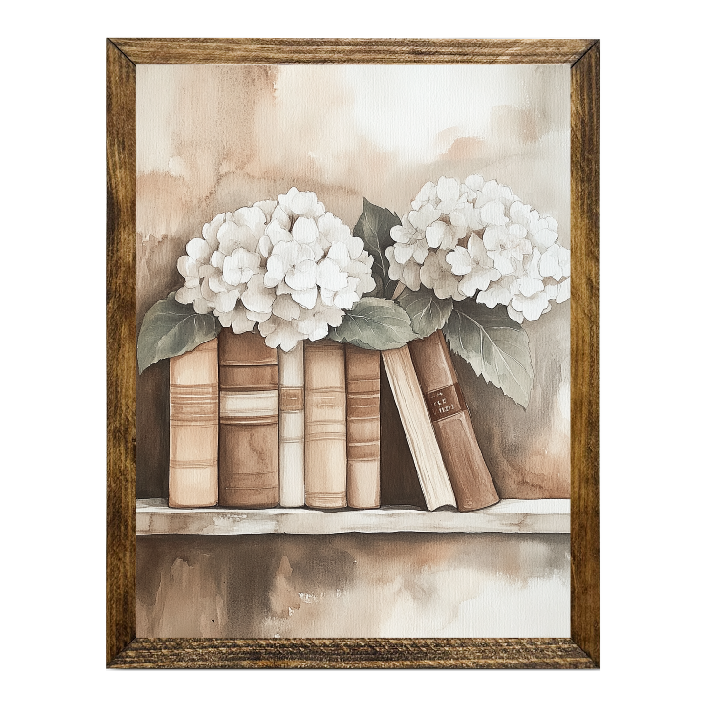 TIMBERLAND FRAME HYDRANGEA AND BOOKS ON SHELVES