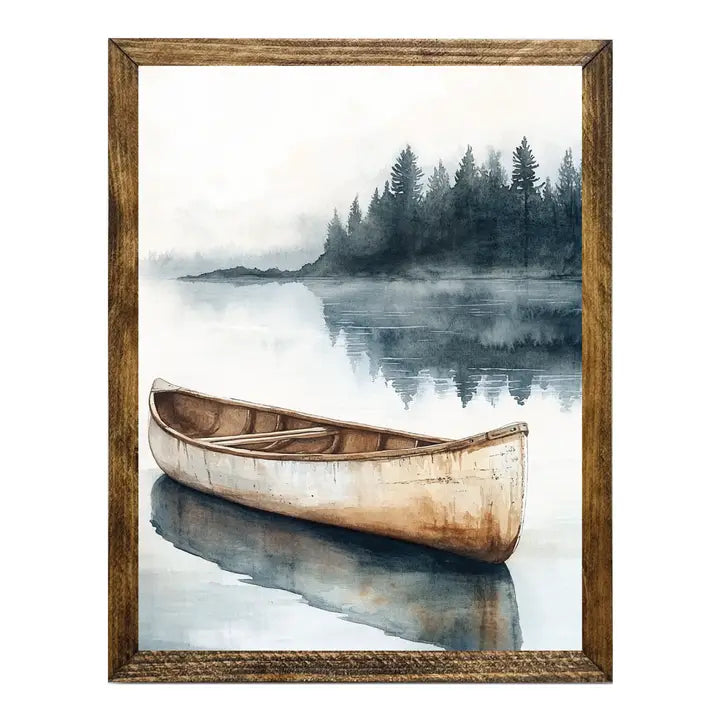 TIMBERLAND FRAME RUSTIC CANOE ON MISTY LAKE WITH PINE TREES
