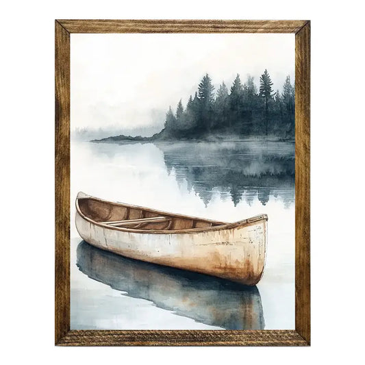 TIMBERLAND FRAME RUSTIC CANOE ON MISTY LAKE WITH PINE TREES