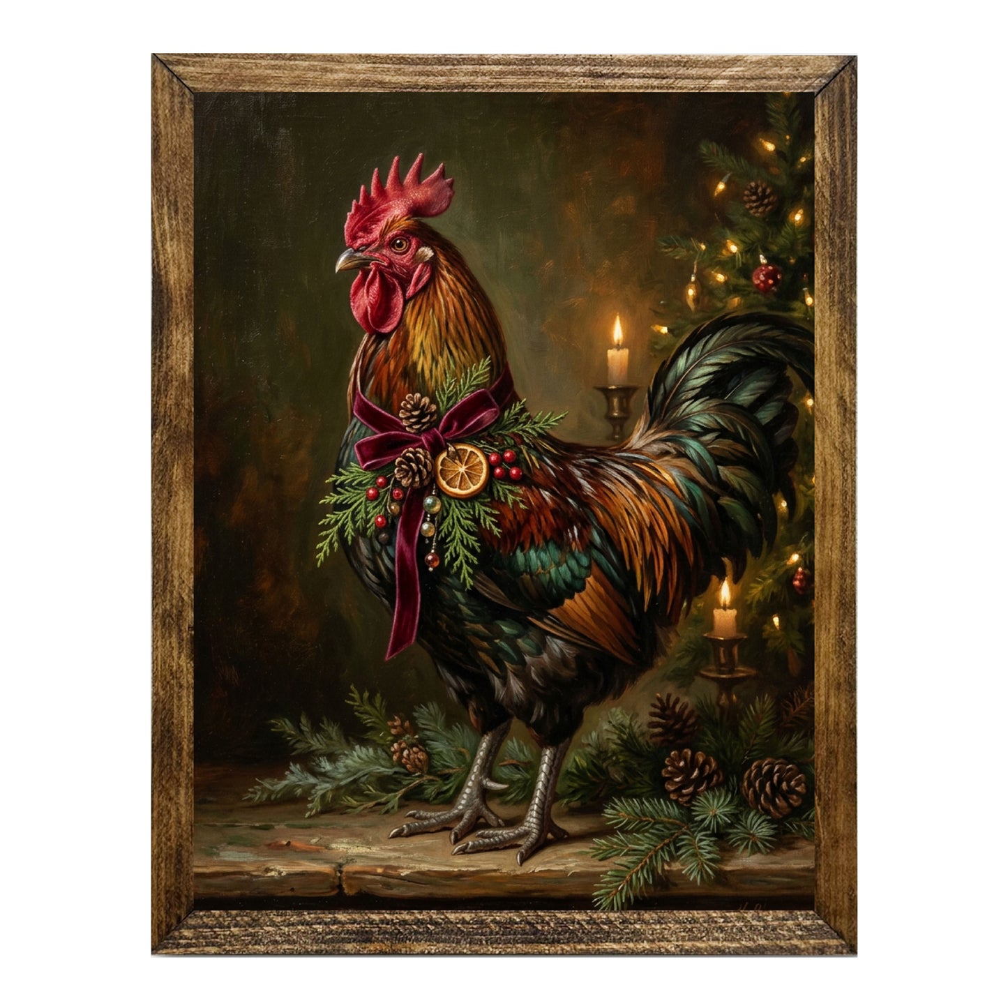 Rustic Christmas Rooster Holiday Wreath Wall Art