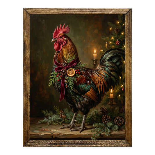Rustic Christmas Rooster Holiday Wreath Wall Art