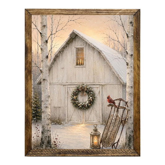 Rustic Snowy Barn Red Cardinal Christmas Wall Art