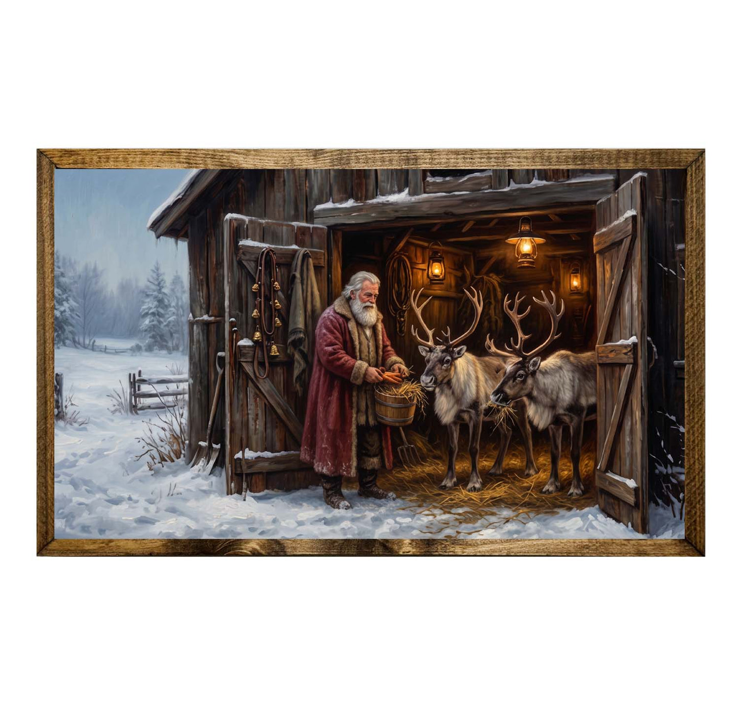 Vintage Santa Feeding Reindeer Rustic Barn Christmas Wall Art