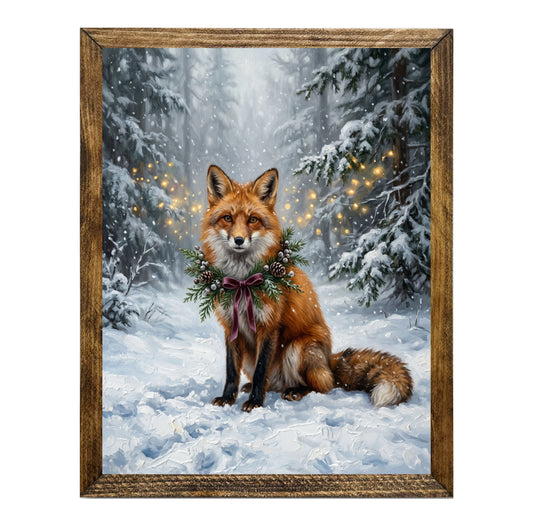 Festive Red Fox Christmas Wreath Holiday Wall Art