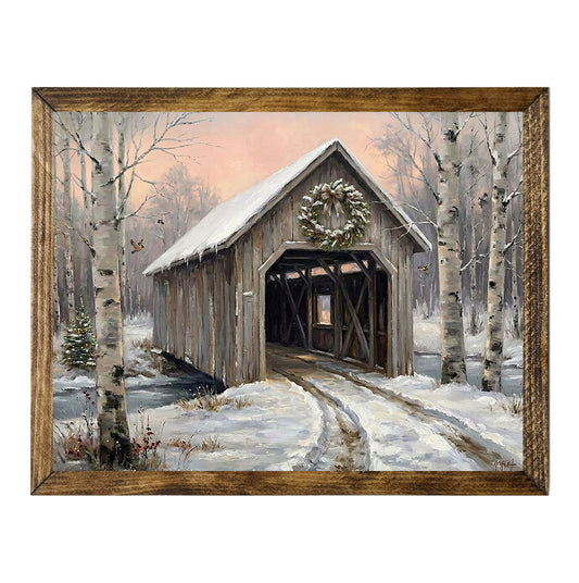 Rustic Covered Bridge Snowy Winter Landscape Wall Art