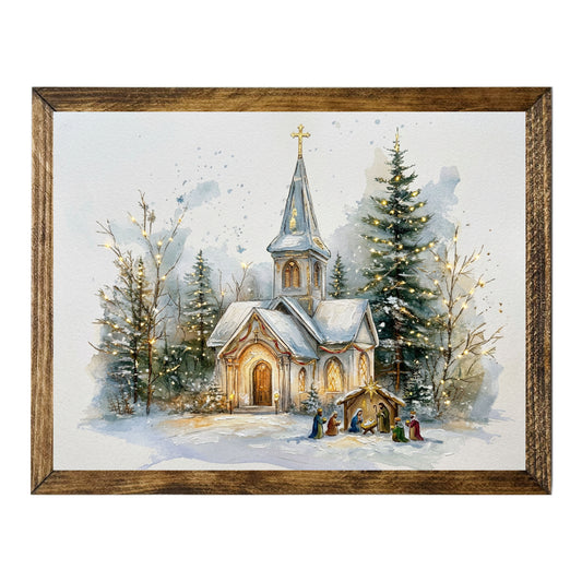 Snowy Country Church Nativity Christmas Watercolor Wall Art