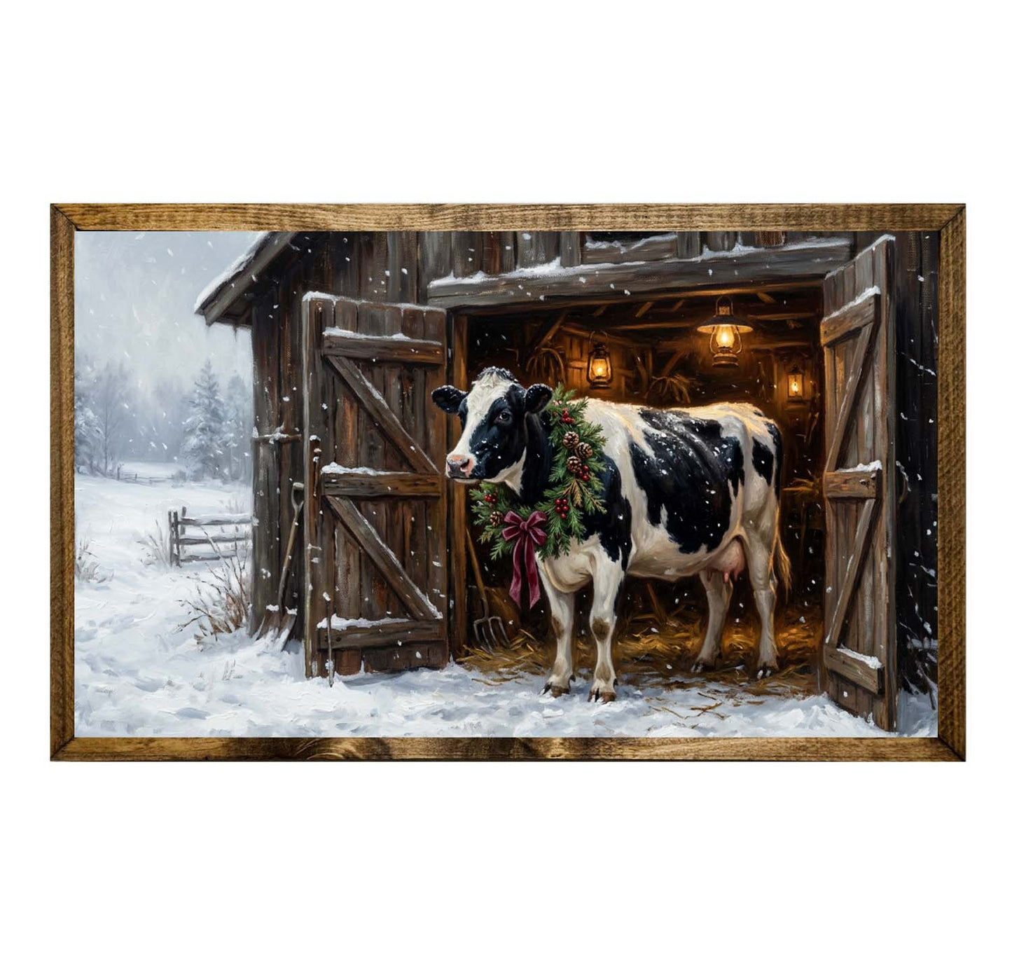 Sweet Christmas Cow Wreath Snowy Barn Wall Art
