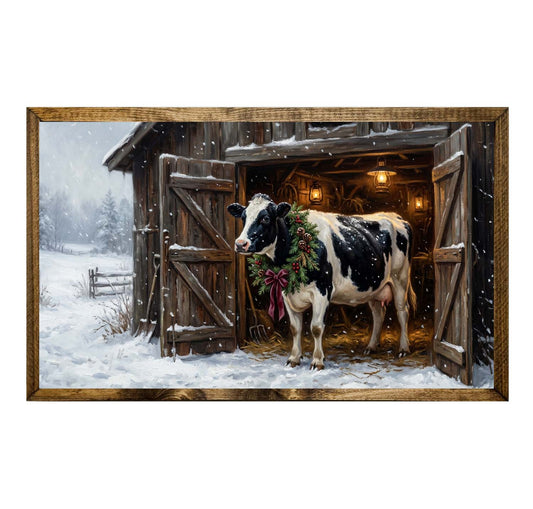 Sweet Christmas Cow Wreath Snowy Barn Wall Art