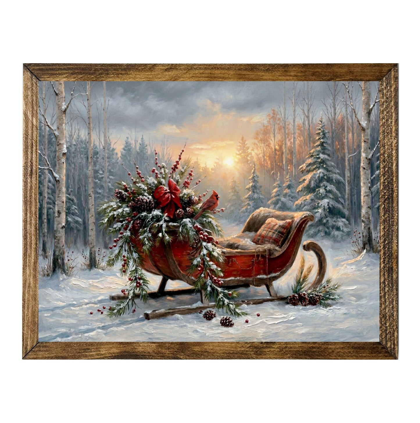 Santa's Sleigh Vintage Snowy Forest Christmas Wall Art