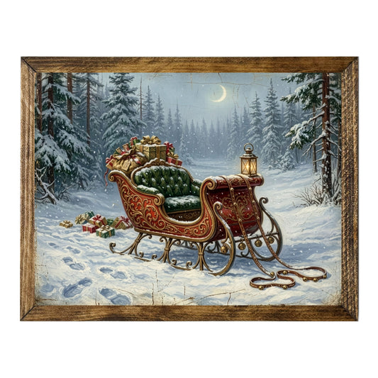 Vintage Santa Sleigh Christmas Gifts Snowy Forest Wall Art