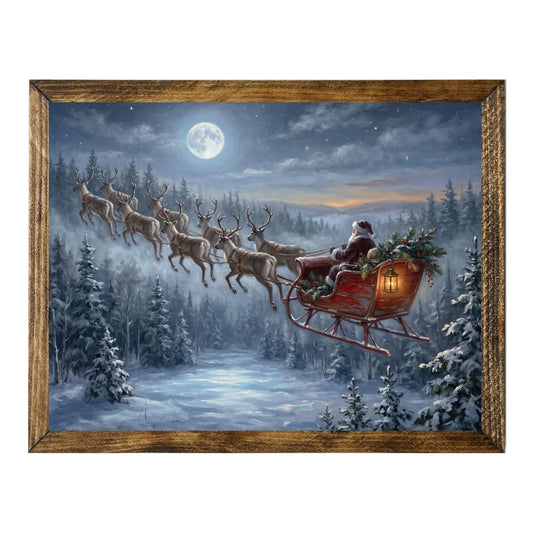 Santa Sleigh Reindeer Moonlit Winter Forest Christmas Wall Art