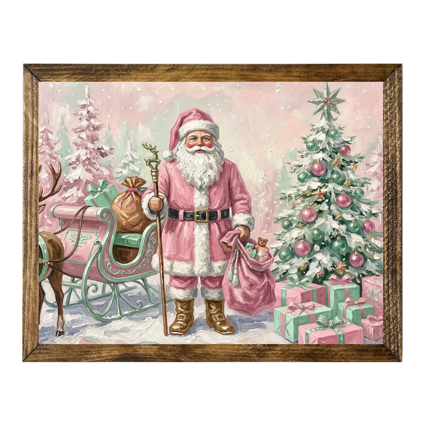 Pink Santa Pastel Christmas Sleigh Wall Art