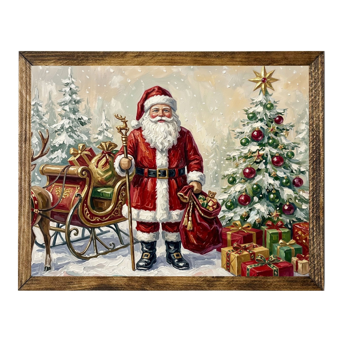 Santa Claus Christmas Sleigh Presents Oil Paint Wall Art