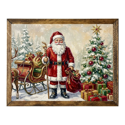 Santa Claus Christmas Sleigh Presents Oil Paint Wall Art