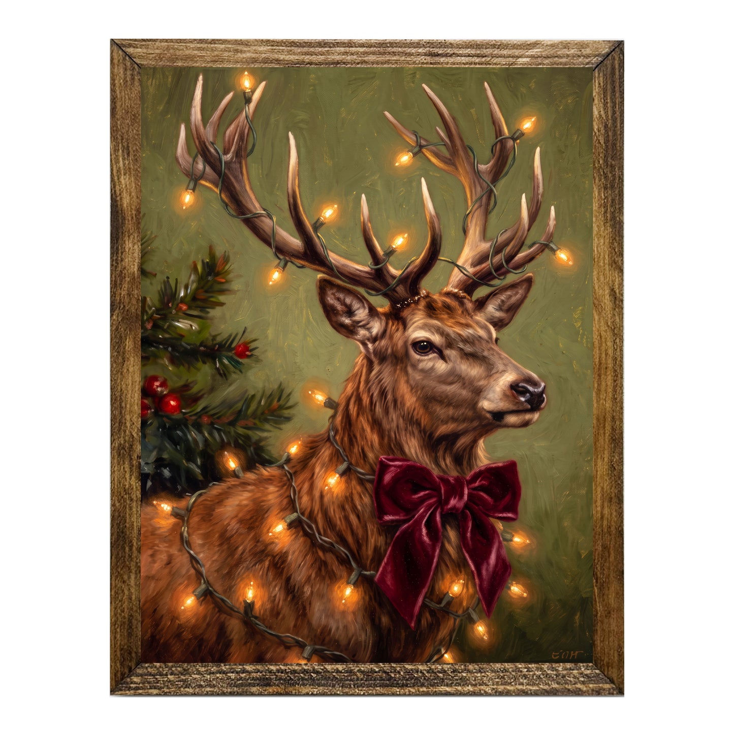 Rustic Stag Christmas Lights Red Bow Wall Art