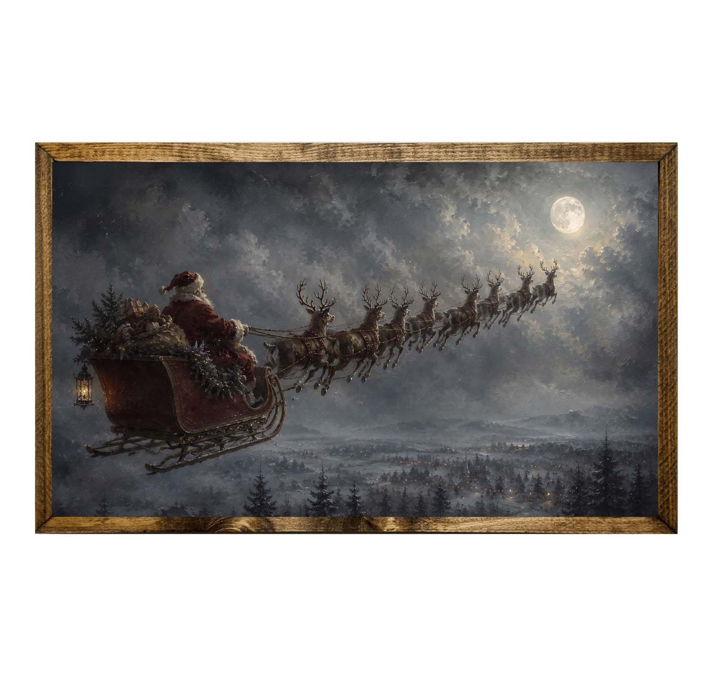 Santa Sleigh Reindeer Full Moon Snowy Forest Christmas Wall Art