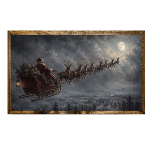 Santa Sleigh Reindeer Full Moon Snowy Forest Christmas Wall Art