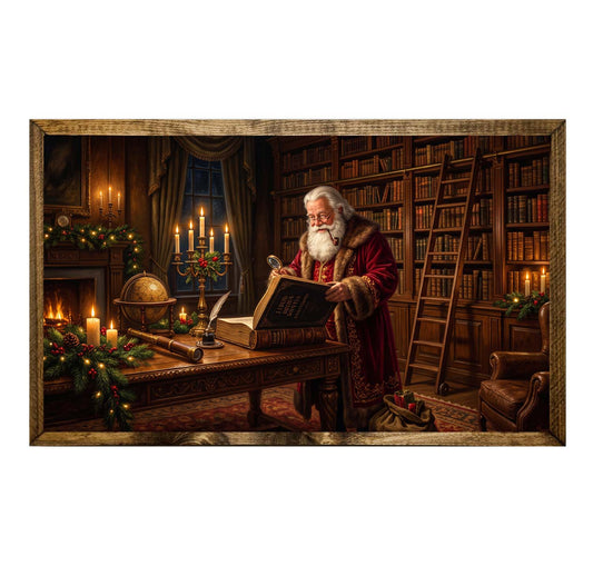Santa Claus Reading Book Vintage Christmas Library Wall Art