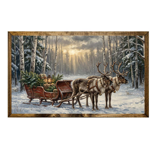 Vintage Reindeer Sleigh Christmas Gifts Snowy Forest Wall Art