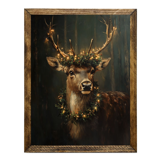 Vintage Illuminated Reindeer Wreath Christmas Wall Art