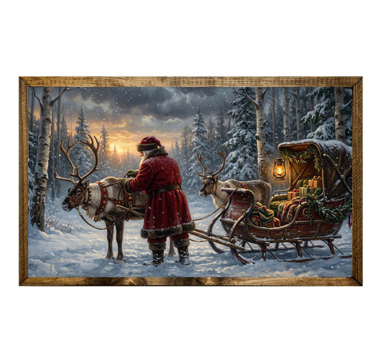 Vintage Santa Reindeer Sleigh Snowy Forest Christmas Wall Art