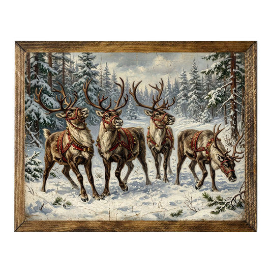 Vintage Reindeer in Snowy Forest Christmas Wall Art