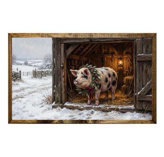 Rustic Christmas Pig Wreath Snowy Barn Wall Art