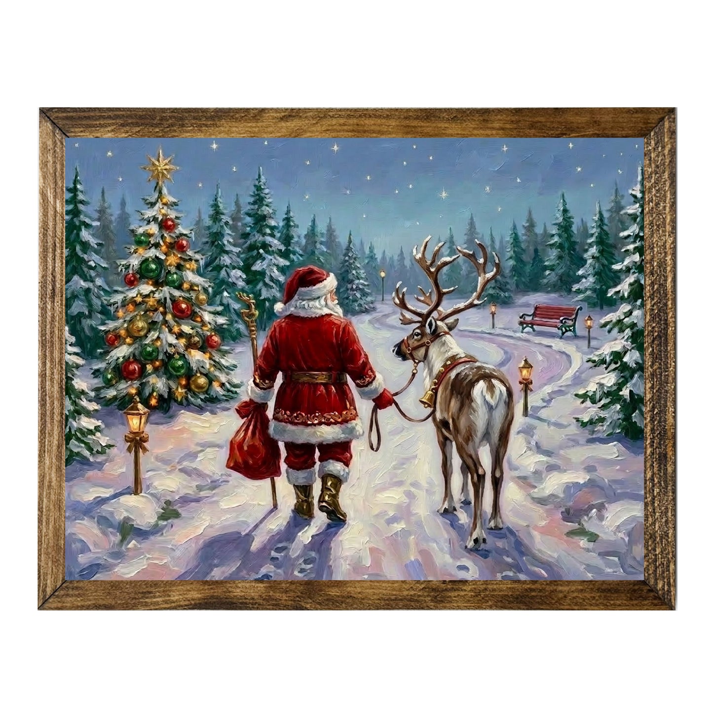 Santa Walking Reindeer Snowy Christmas Landscape Wall Art