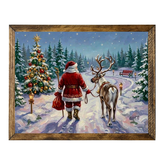 Santa Walking Reindeer Snowy Christmas Landscape Wall Art