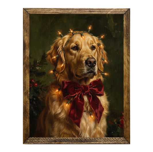 Vintage Golden Retriever Christmas Lights Wall Art