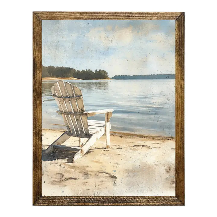 TIMBERLAND FRAME ADIRONDACK CHAIR ON PEACEFUL LAKE SHORE