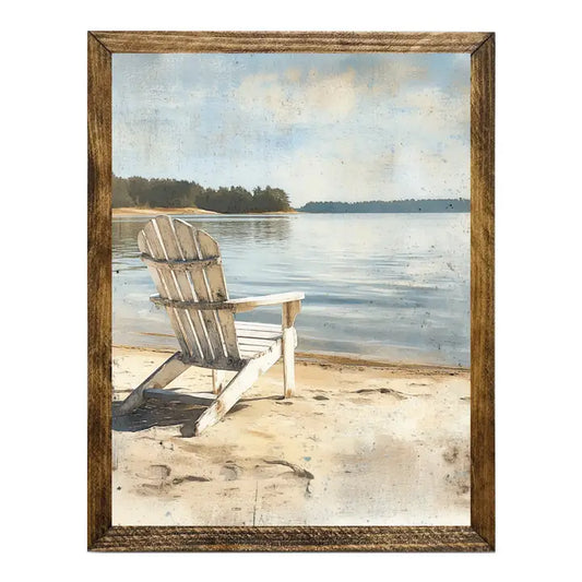 TIMBERLAND FRAME ADIRONDACK CHAIR ON PEACEFUL LAKE SHORE