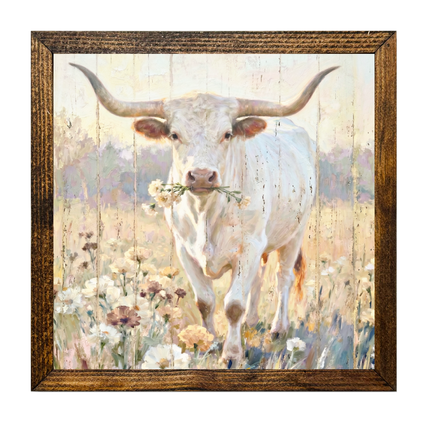 TIMBERLAND FRAME OIL PAINTING LONGHORN IN FLOWER FIELD SPRIN