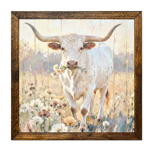 TIMBERLAND FRAME OIL PAINTING LONGHORN IN FLOWER FIELD SPRIN