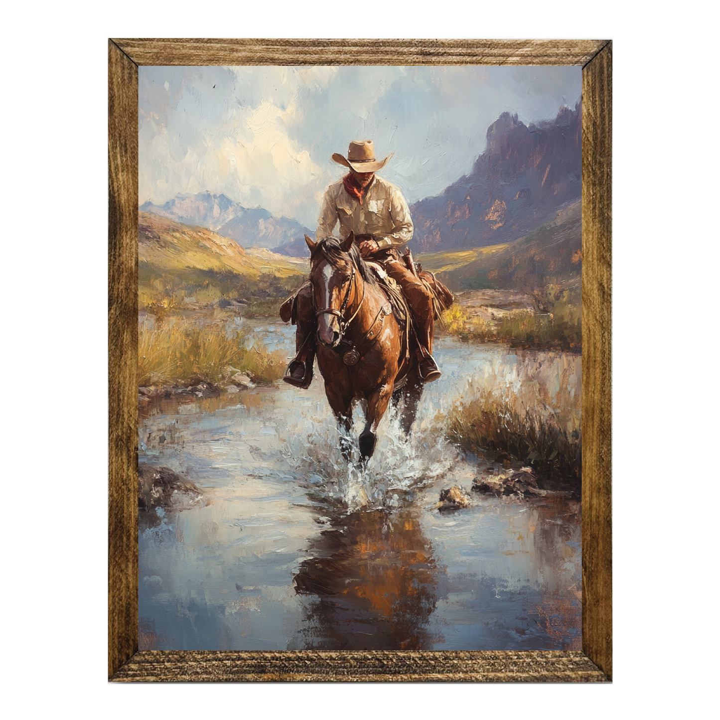 TIMBERLAND FRAME COWBOY RIDING HORSE THROUGH RIVER WESTERN