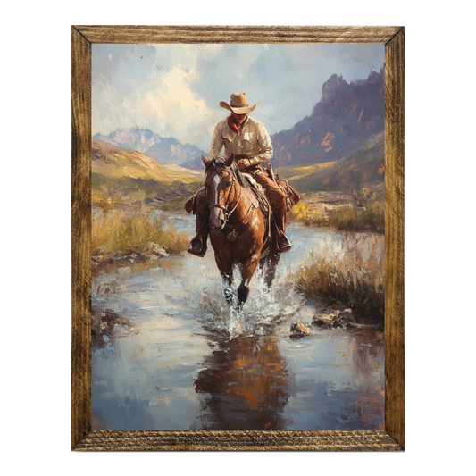TIMBERLAND FRAME COWBOY RIDING HORSE THROUGH RIVER WESTERN