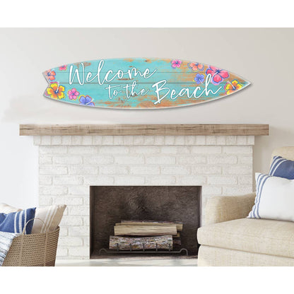 SURF BOARD WALL ACCENT WELCOME TO THE BEACH TEAL HIBISCUS