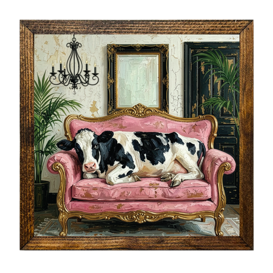 TIMBERLAND FRAME COW ON A PINK SUEDE COUCH
