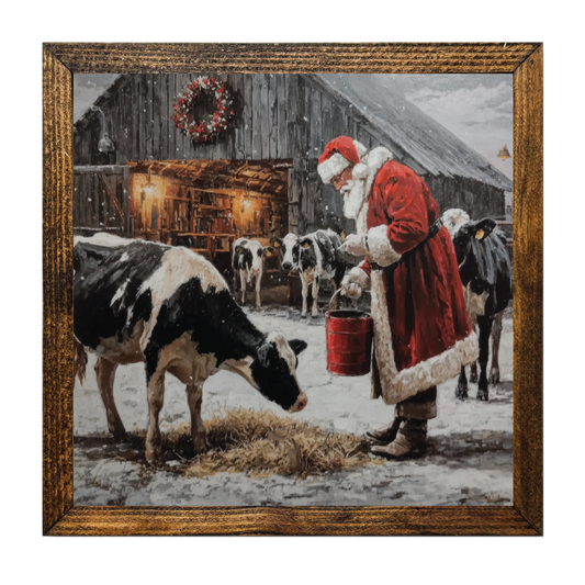 TIMBERLAND FRAME SANTA FEEDING COWS ON THE FARM