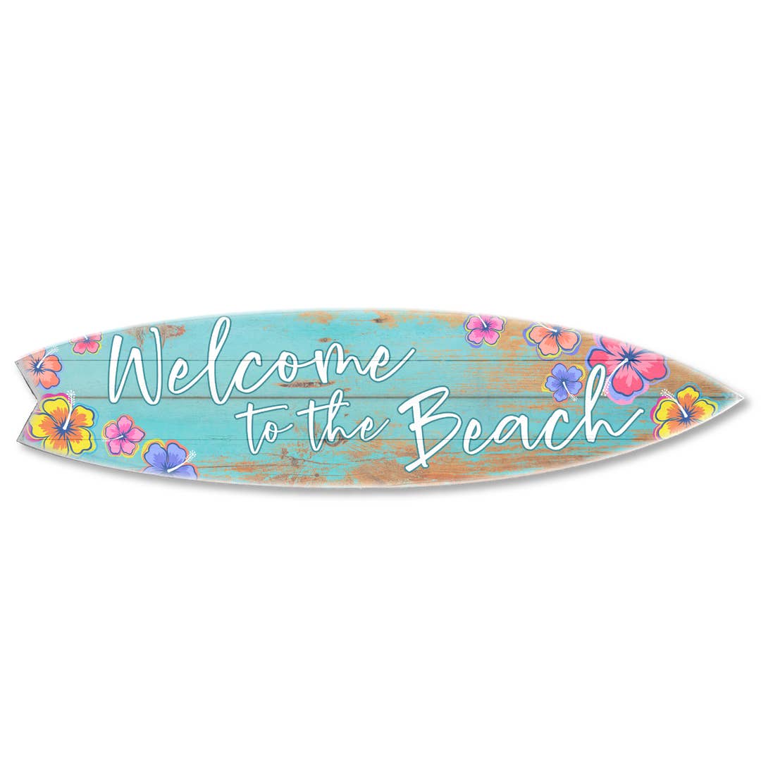 SURF BOARD WALL ACCENT WELCOME TO THE BEACH TEAL HIBISCUS
