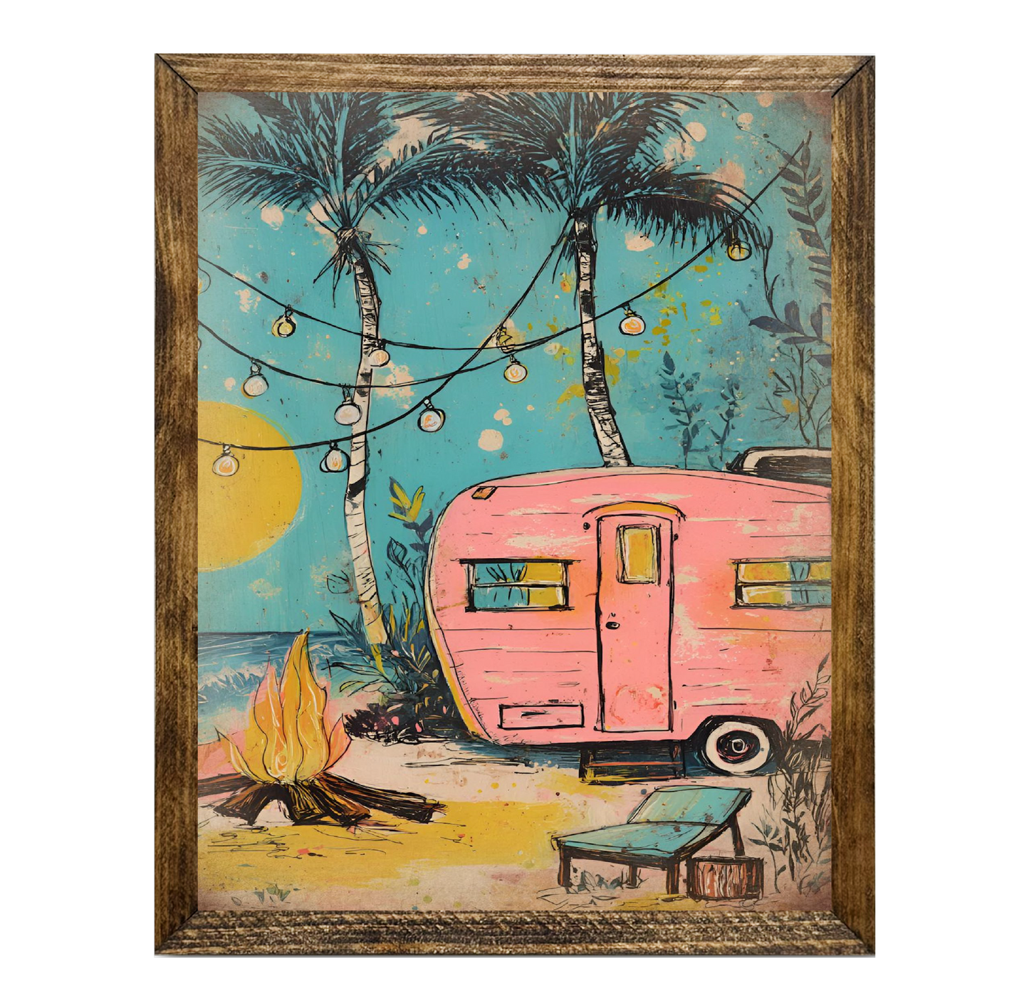 TIMBERLAND FRAME RETRO PINK CAMPER ON THE BEACH