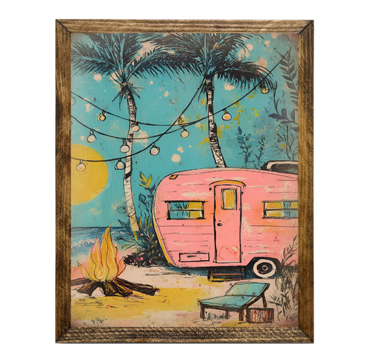 TIMBERLAND FRAME RETRO PINK CAMPER ON THE BEACH