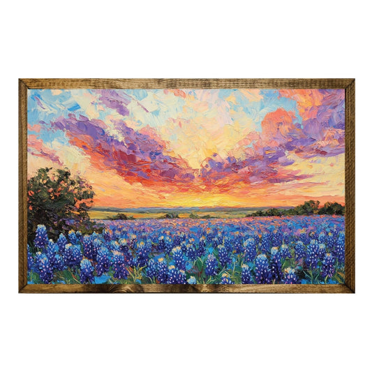 TIMBERLAND FRAME SUNSET OVER BLUEBONNET FIELD