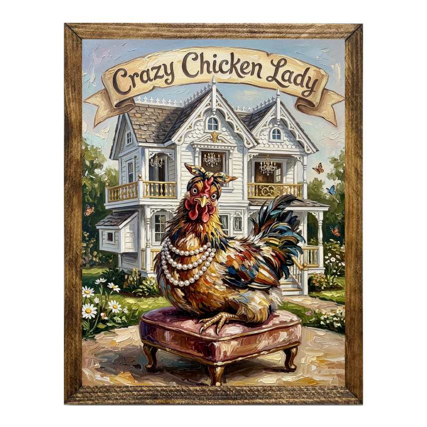 TIMBERLAND FRAME CRAZY CHICKEN LADY ON A CHAIR