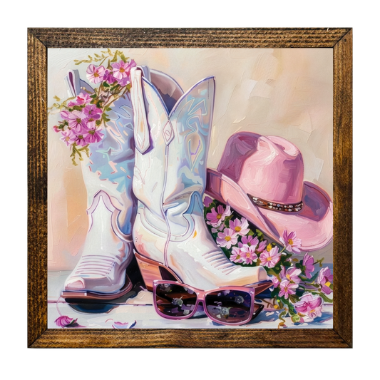 TIMBERLAND FRAME PREPPY COWGIRL BOOTS AND PINK HAT