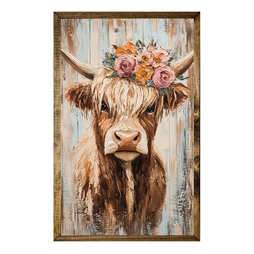TIMBERLAND FRAME HIGHLAND COW WITH FLORAL CROWN RUSTIC DECOR