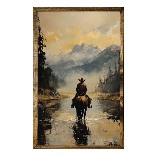 TIMBERLAND FRAME COWBOY ON HORSE BACK CROSSING RIVER